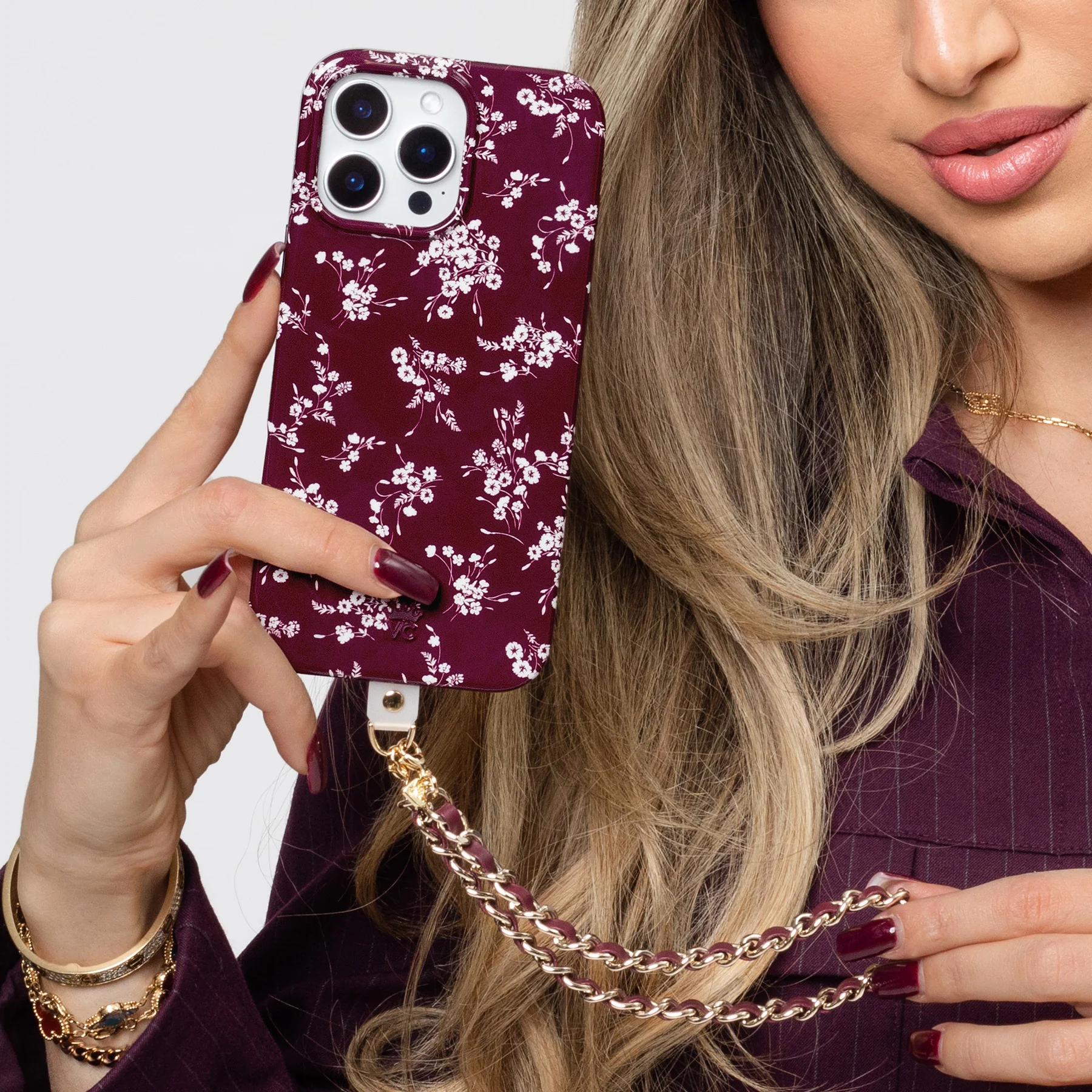 Burgundy Leather Chain Phone Charm - Image 2